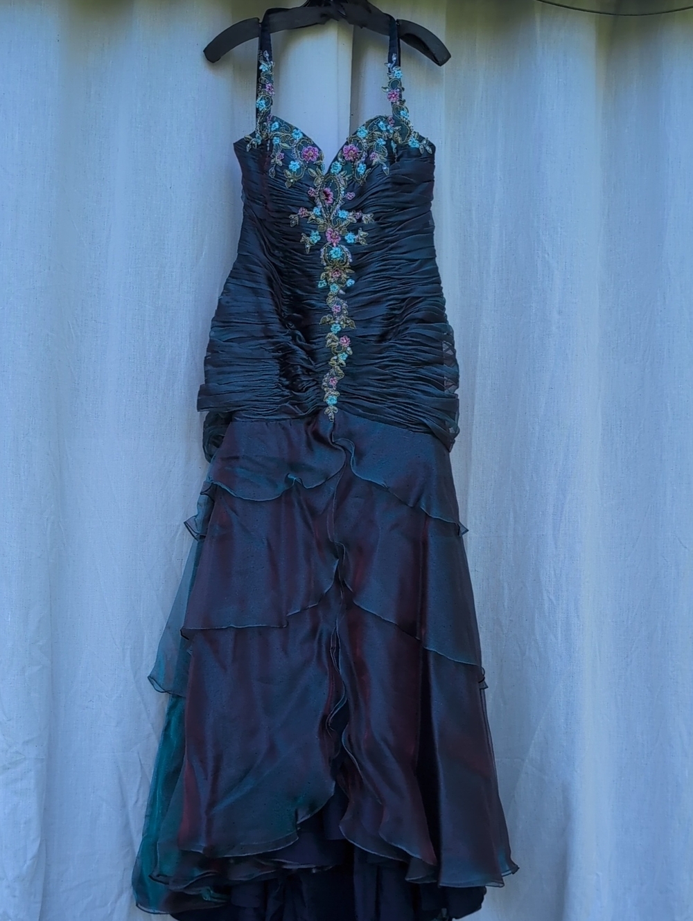 Tony Bowls 19747 Shimmery Blueish Purple Evening Gown with Floral Embroidery